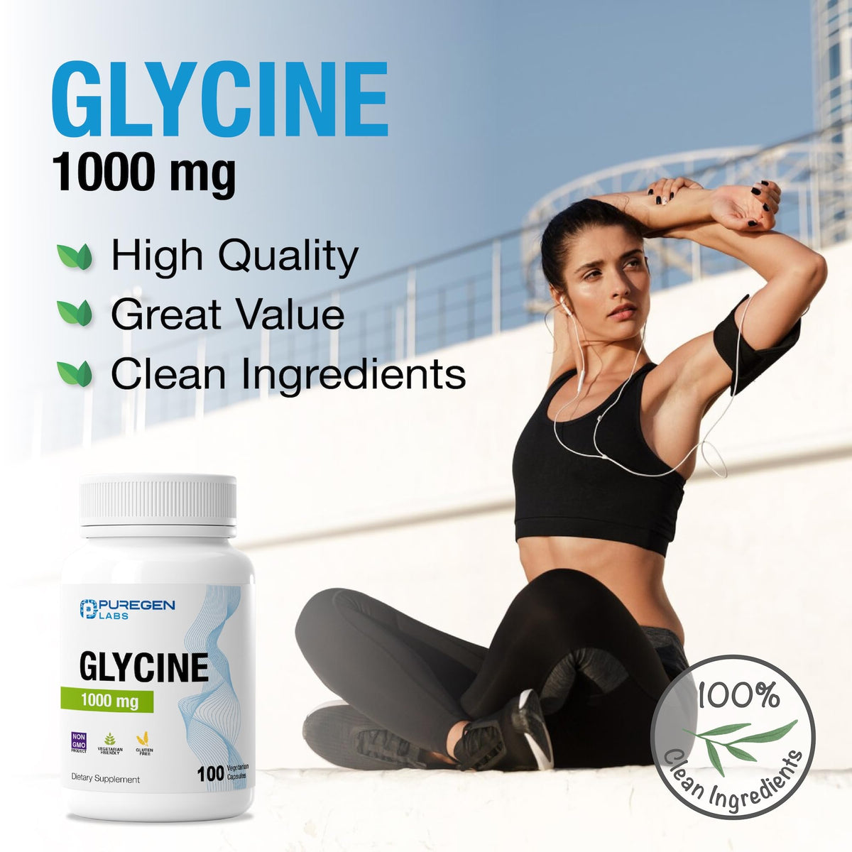 Puregen Labs Glycine 1000mg [High Potency] 100 Vegetarian Capsules, Promotes Healthy Rest | No Harmful Additives - PrimeBioHealth - canada supplements
