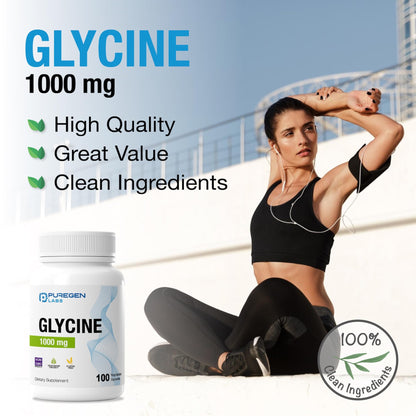 Puregen Labs Glycine 1000mg [High Potency] 100 Vegetarian Capsules, Promotes Healthy Rest | No Harmful Additives - PrimeBioHealth - canada supplements