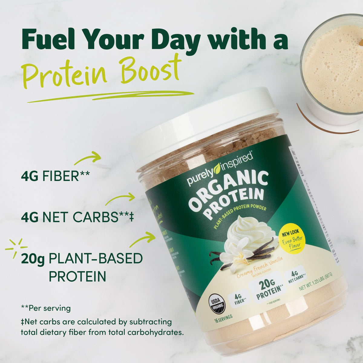 Purely Inspired Plant-Based Protein Powder for Men & Women, Creamy French Vanilla (16 Servings) - Vegan & Organic - 20g of Pea Protein Powder for Smoothies & Shakes - Dairy-Free, & Gluten-Free - PrimeBioHealth - canada supplements