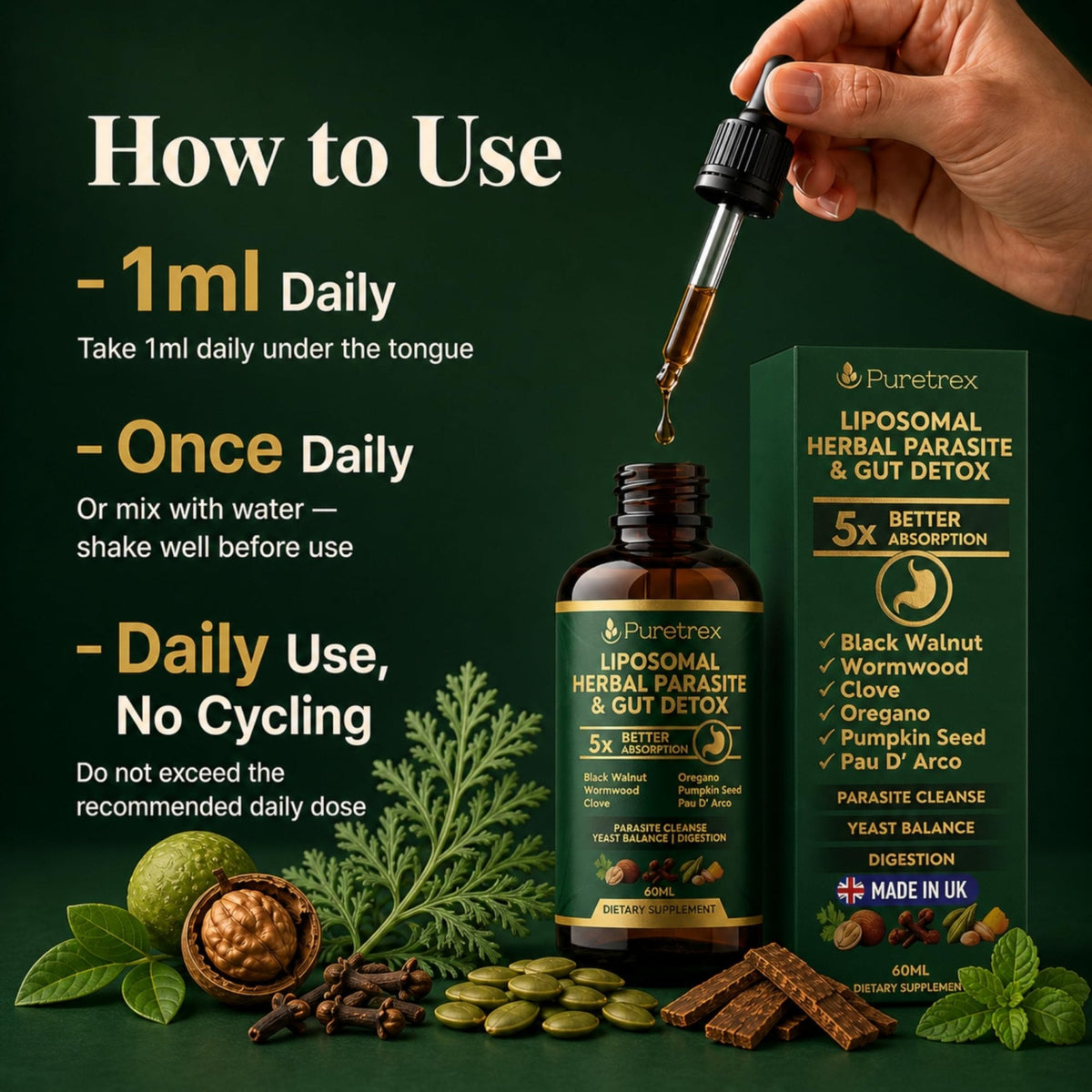 PURETREX Herbal Gut Detox & Cleanse Drops 2 fl oz, Liposomal Dewormer for Humans with Wormwood, Black Walnut, Clove, Pumpkin Seed, PAU D'Arco, Candida - PrimeBioHealth - canada supplements