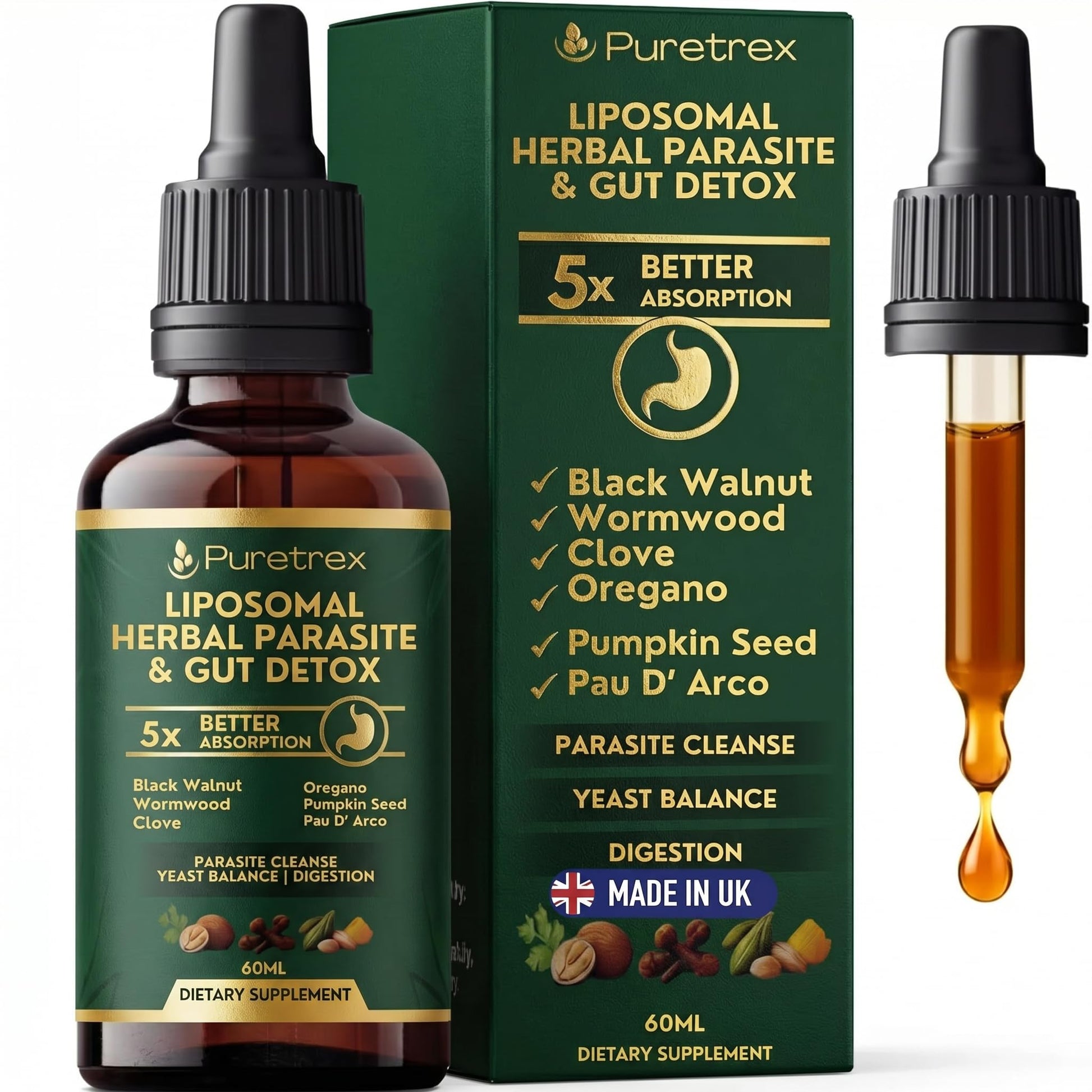 PURETREX Herbal Gut Detox & Cleanse Drops 2 fl oz, Liposomal Dewormer for Humans with Wormwood, Black Walnut, Clove, Pumpkin Seed, PAU D'Arco, Candida - PrimeBioHealth - canada supplements