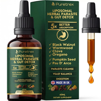 PURETREX Herbal Gut Detox & Cleanse Drops 2 fl oz, Liposomal Dewormer for Humans with Wormwood, Black Walnut, Clove, Pumpkin Seed, PAU D'Arco, Candida - PrimeBioHealth - canada supplements