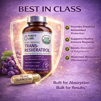 Purity Labs Trans-Resveratrol Supplement 5,000 mg Equivalent per Serving with Quercetin, USDA Organic High Potency Antioxidant, - PrimeBioHealth - canada supplements