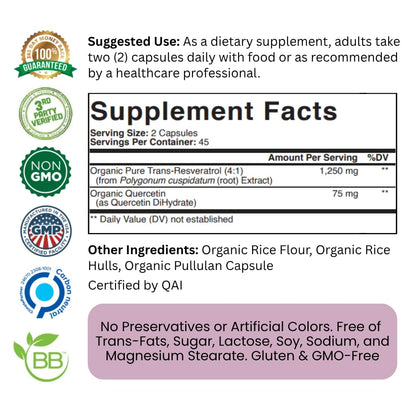 Purity Labs Trans-Resveratrol Supplement 5,000 mg Equivalent per Serving with Quercetin, USDA Organic High Potency Antioxidant, - PrimeBioHealth - canada supplements