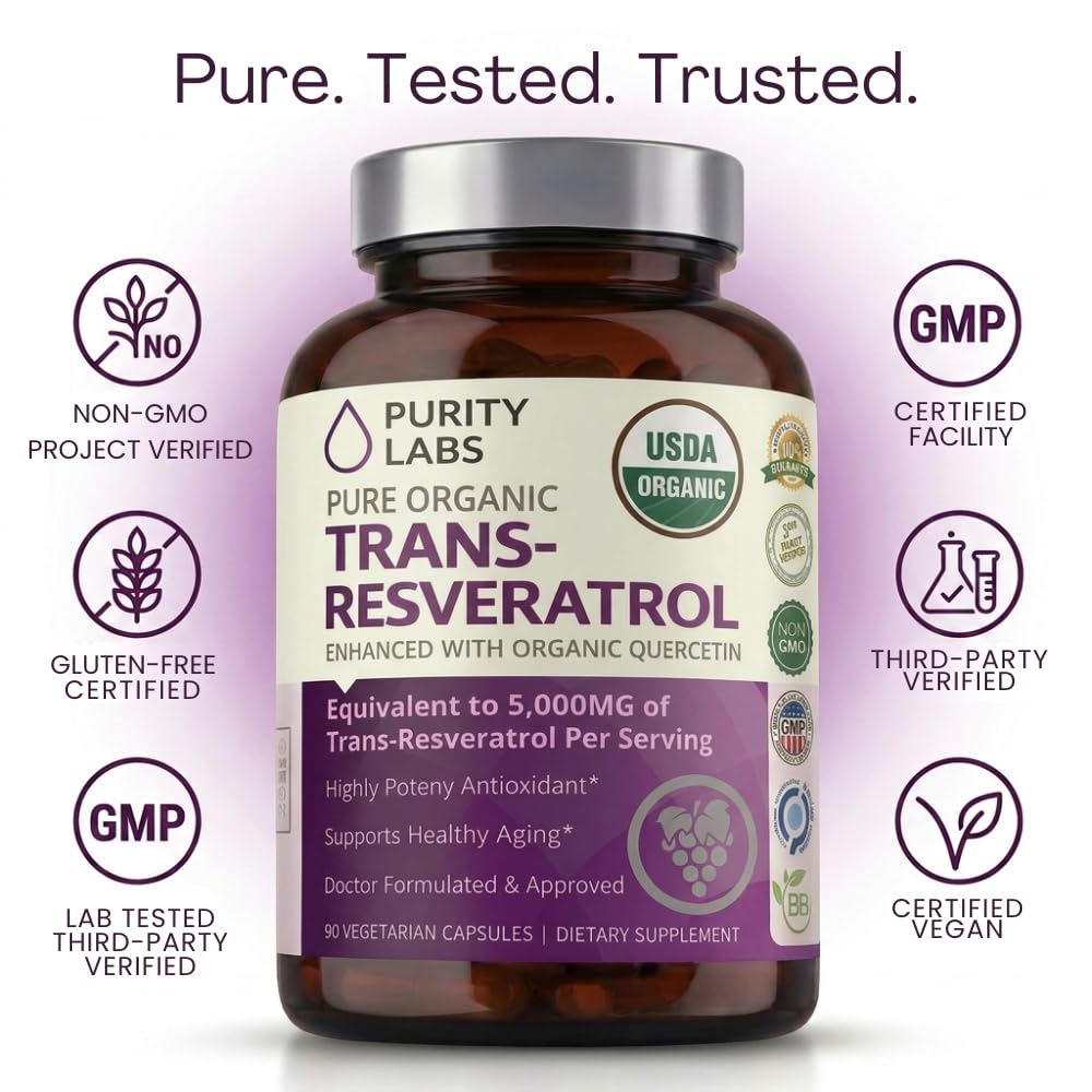 Purity Labs Trans-Resveratrol Supplement 5,000 mg Equivalent per Serving with Quercetin, USDA Organic High Potency Antioxidant, - PrimeBioHealth - canada supplements