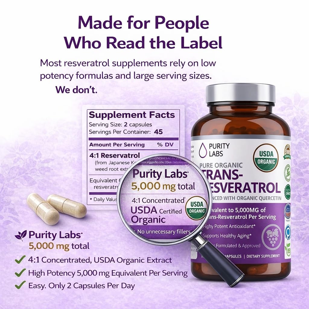 Purity Labs Trans-Resveratrol Supplement 5,000 mg Equivalent per Serving with Quercetin, USDA Organic High Potency Antioxidant, - PrimeBioHealth - canada supplements