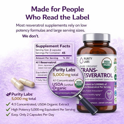 Purity Labs Trans-Resveratrol Supplement 5,000 mg Equivalent per Serving with Quercetin, USDA Organic High Potency Antioxidant, - PrimeBioHealth - canada supplements