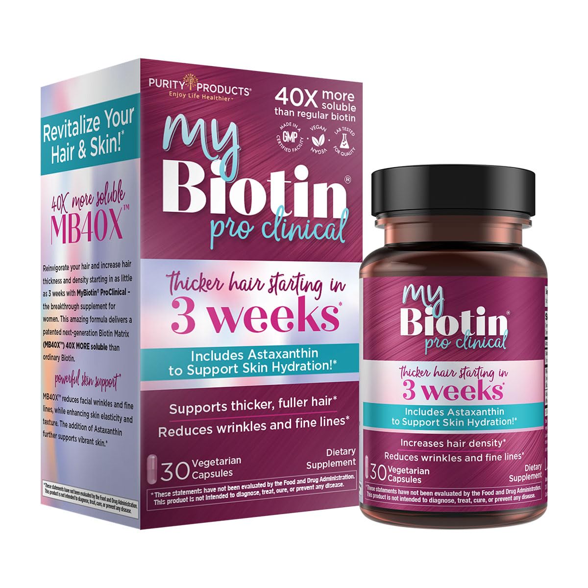 Purity Products MyBiotin ProClinical – Thicker Hair Starting in 3 Weeks & Fights Wrinkles - MB40X Patented Biotin Vitamin B7 Matrix w/Astaxanthin - PrimeBioHealth - canada supplements