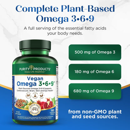 Purity Products Vegan Omega 3 6 9 Formula - “5 in 1” Essential Fatty Acid Complex - Scientifically Formulated Plant-Based Vegan Omega 3-6-9 Essential Fatty Acids - PrimeBioHealth - canada supplements