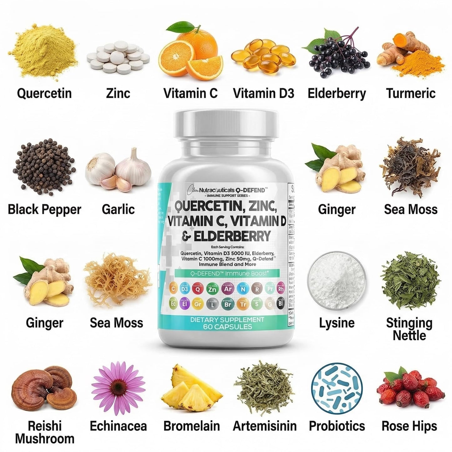 Q Defend Quercetin Supplement with Zinc Vitamin C Vitamin D Elderberry Turmeric Black Pepper Garlic Ginger Sea Moss Lysine Stinging Nettle Reishi Mushroom Immune - PrimeBioHealth - canada supplements