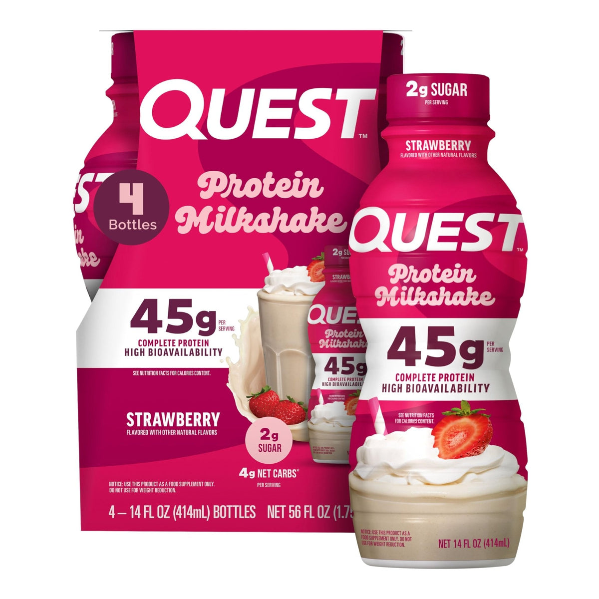 Quest Nutrition Strawberry Protein Shake, 45g Protein, 2g Sugar, 4g Net Carbs, Ready to Drink, Gluten Free, 4 Count - PrimeBioHealth - canada supplements