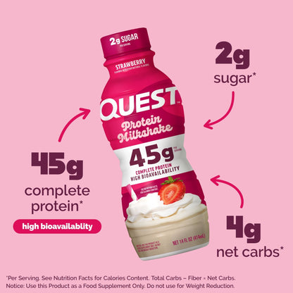 Quest Nutrition Strawberry Protein Shake, 45g Protein, 2g Sugar, 4g Net Carbs, Ready to Drink, Gluten Free, 4 Count - PrimeBioHealth - canada supplements