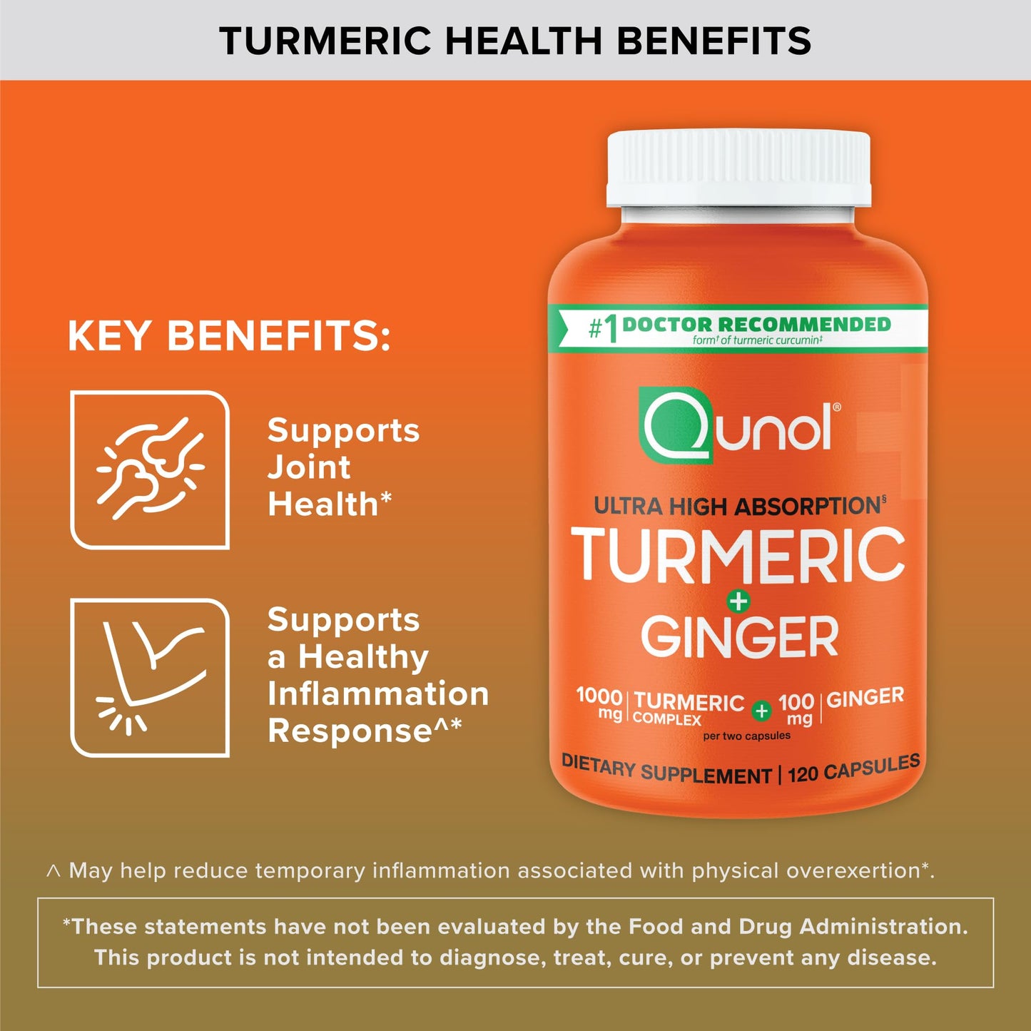 Qunol Turmeric and Ginger Capsules, 1000mg Turmeric Supplement, Ultra High Absorption to Support Joint Health, 1 Doctor Recommended Form - PrimeBioHealth - canada supplements