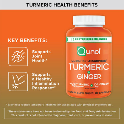 Qunol Turmeric and Ginger Capsules, 1000mg Turmeric Supplement, Ultra High Absorption to Support Joint Health, 1 Doctor Recommended Form - PrimeBioHealth - canada supplements