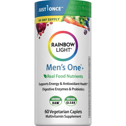 Rainbow Light Mens Multivitamin One + | 60 Caplets | Supports Energy & Antioxidant Health | with Real Food Nutrients, Digestive Enzymes & Probiotics - PrimeBioHealth - canada supplements
