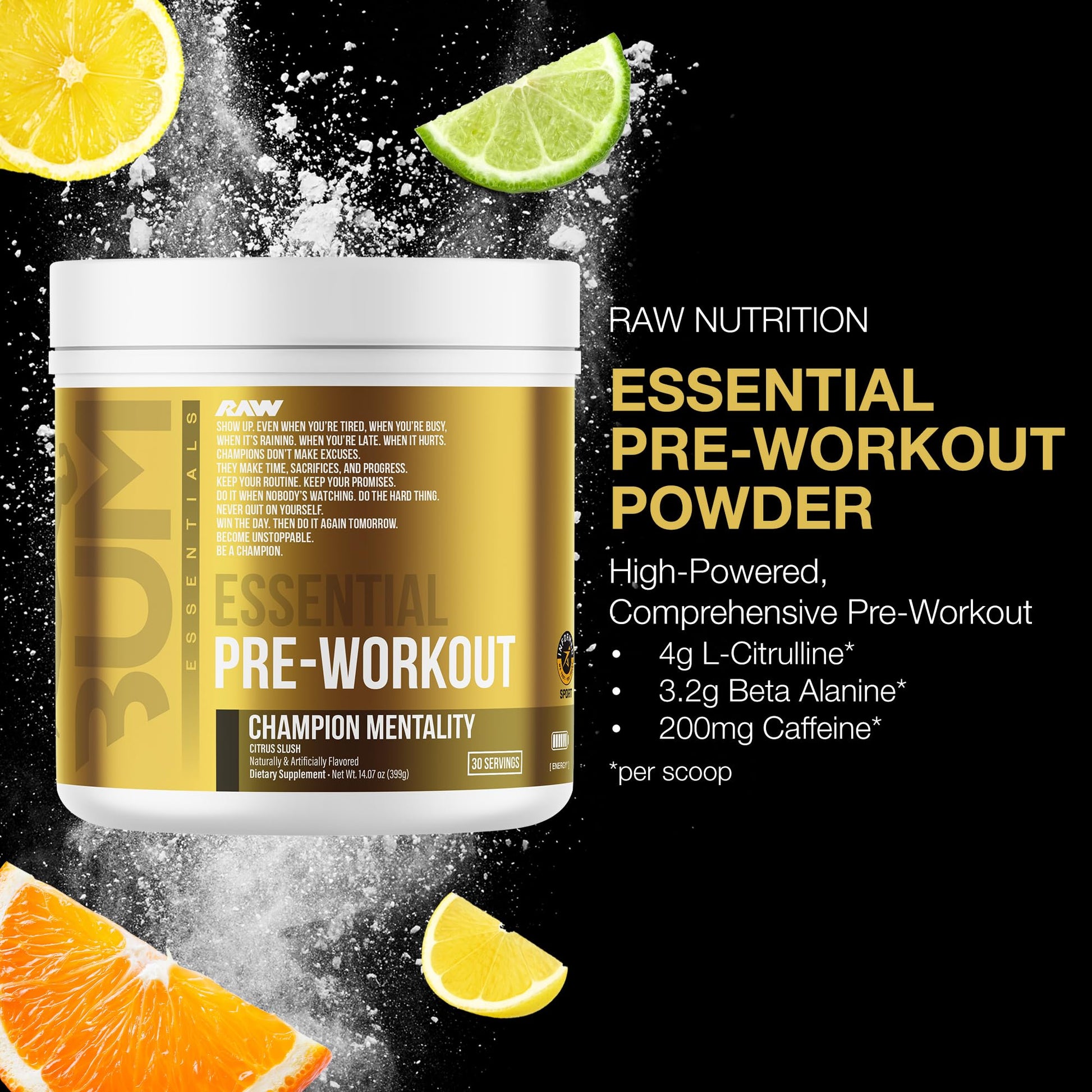RAW Essential Pre-Workout Powder (Champion Mentality) - Chris Bumstead Sports Nutrition Supplement for Men & Women - Preworkout Energy Powder with Caffein - PrimeBioHealth - canada supplements