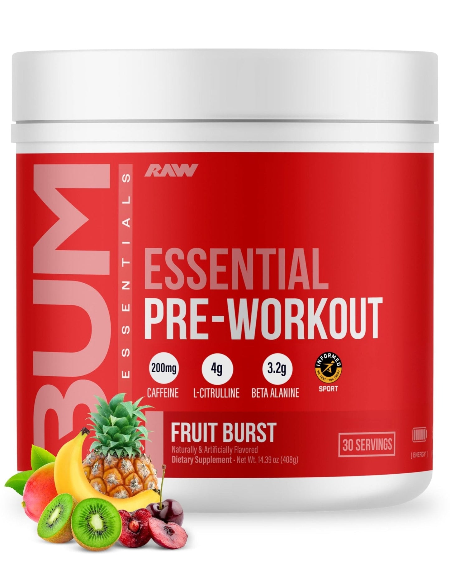RAW Essential Pre-Workout Powder (Fruit Burst) - Chris Bumstead Sports Nutrition Supplement for Men & Women - Preworkout Energy Powder with Caffeine - PrimeBioHealth - canada supplements