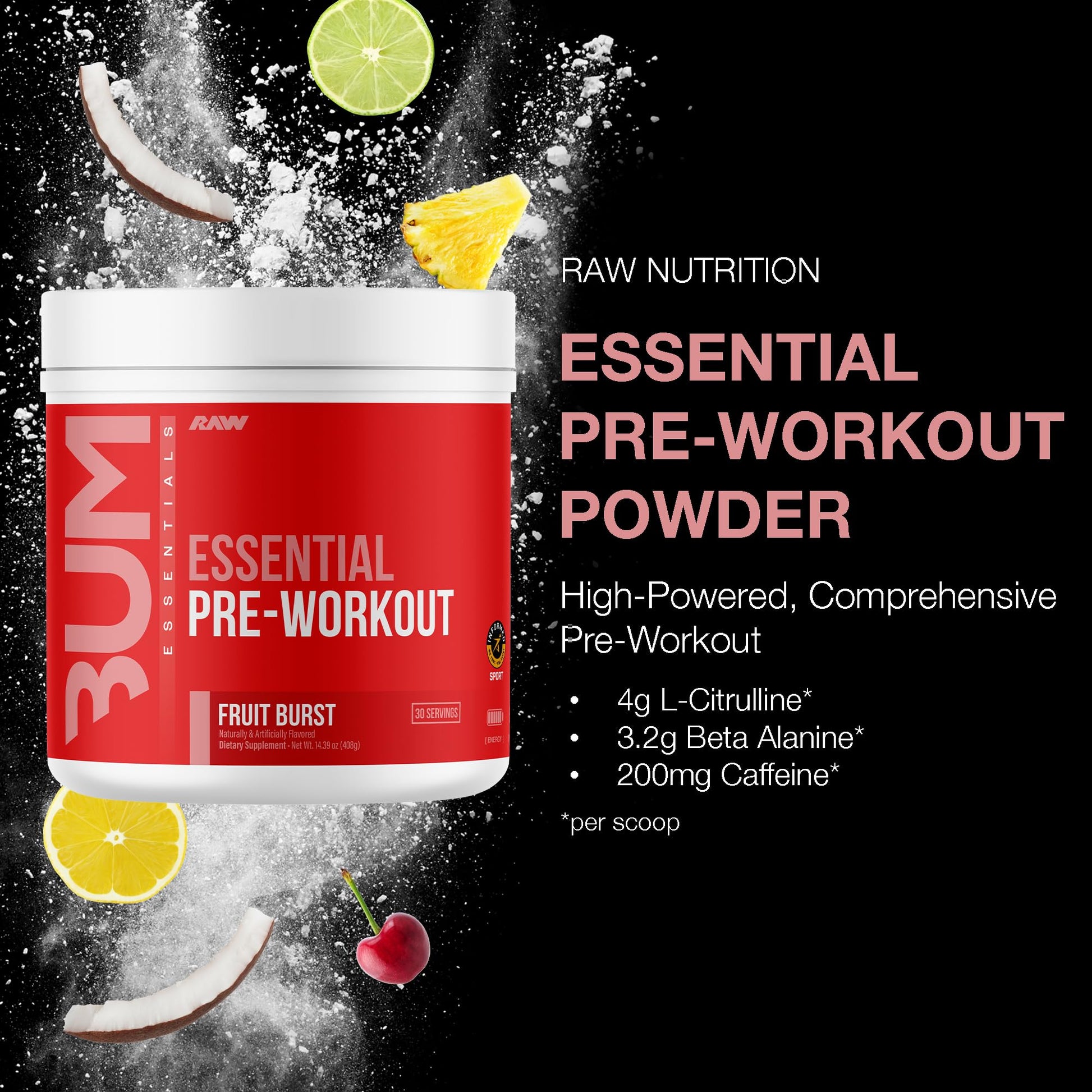 RAW Essential Pre-Workout Powder (Fruit Burst) - Chris Bumstead Sports Nutrition Supplement for Men & Women - Preworkout Energy Powder with Caffeine - PrimeBioHealth - canada supplements