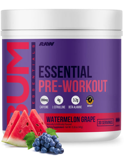 RAW Essential Pre-Workout Powder (Watermelon Grape) - Chris Bumstead Sports Nutrition Supplement for Men & Women - Preworkout Energy Powder with Caffeine, L-Citrulline, - PrimeBioHealth - canada supplements
