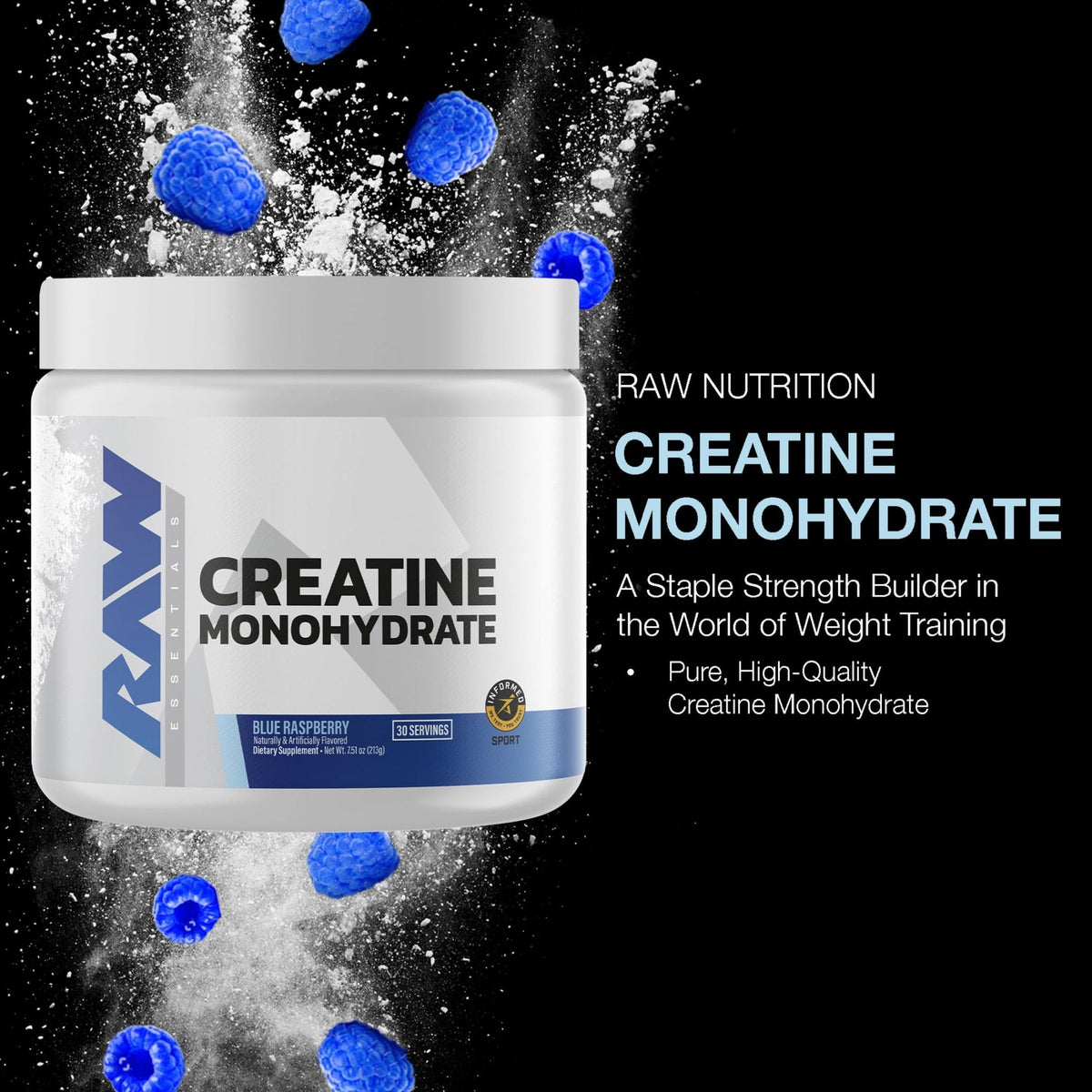 RAW Nutrition Creatine Monohydrate Powder, Blue Raspberry (30 Servings) - Micronized Creatine Monohydrate Supplement for Workout Performance, Build Muscle & Strength - PrimeBioHealth - canada supplements
