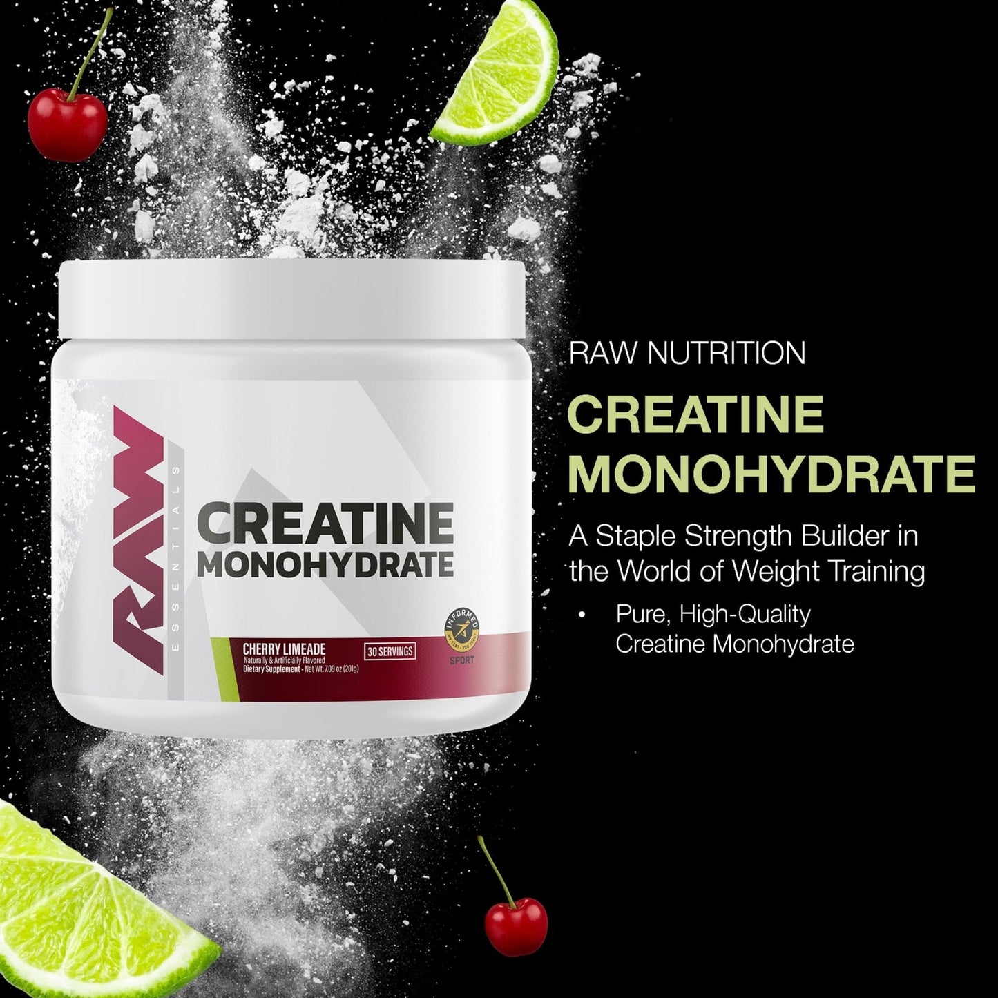 RAW Nutrition Creatine Monohydrate Powder, Cherry Limeade (30 Servings) - Micronized Creatine Monohydrate Supplement for Workout Performance, Build Muscle & Strength - PrimeBioHealth - canada supplements