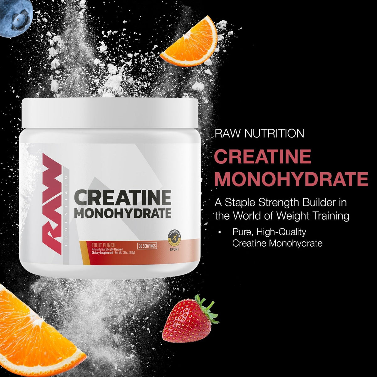 RAW Nutrition Creatine Monohydrate Powder, Fruit Punch (30 Servings) - Micronized Creatine Monohydrate Supplement for Workout Performance, Build Muscle & Strength - PrimeBioHealth - canada supplements