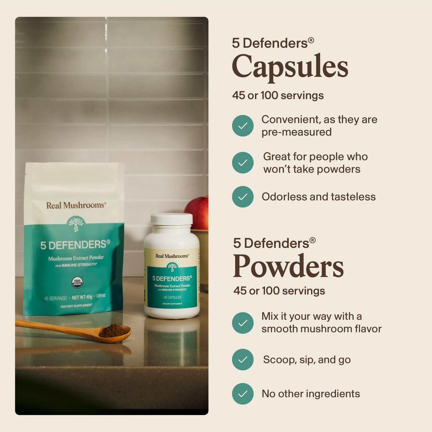 Real Mushrooms 5 Defenders - Adaptogenic Mushrooms Complex with Chaga, Reishi, Turkey Tail, Maitake & Shiitake for Wellness Support - PrimeBioHealth - canada supplements