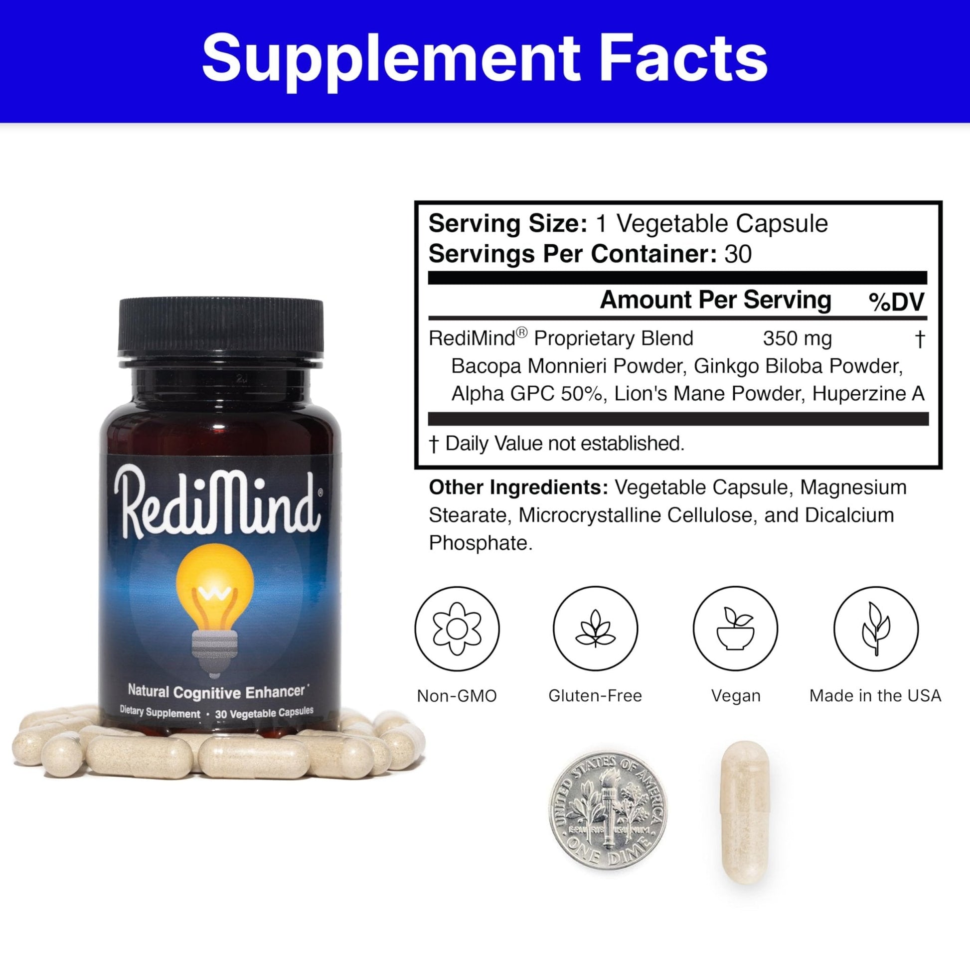 RediMind - Natural Cognitive Enhancement Supplement Capsule - Non-GMO, Vegan, Gluten-Free - PrimeBioHealth - canada supplements