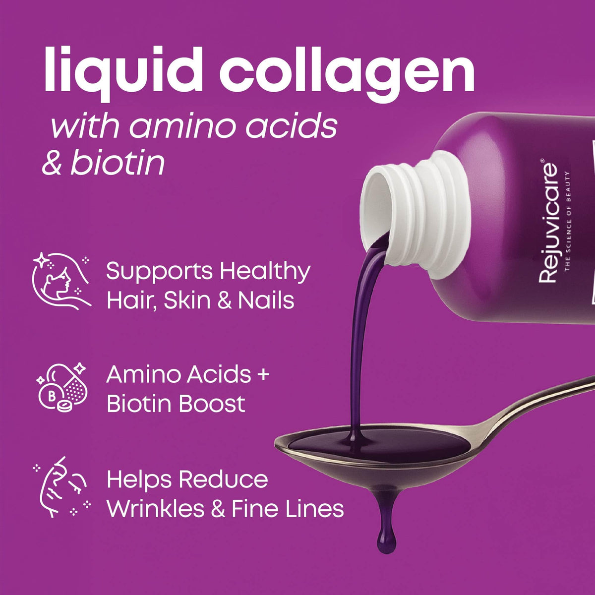 Rejuvicare Liquid Collagen Beauty Formula with Amino Acids, Protein and Biotin, Delicious Grape Flavor, Purple 16 oz ,32 servings - PrimeBioHealth - canada supplements