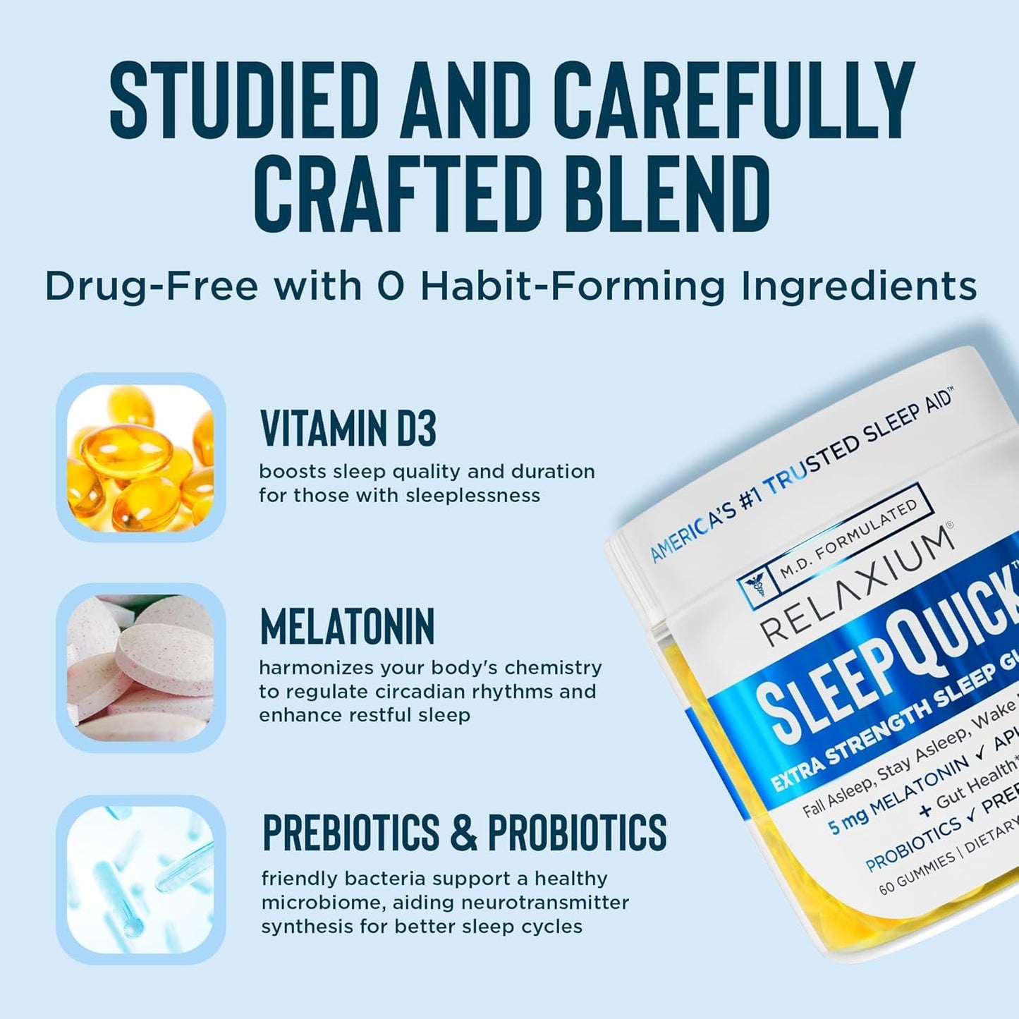 Relaxium SleepQuick Gummies - Sleep Aid + Gut Health & Immune Support, 5 mg Melatonin, Vitamin D-3 + Prebiotic & Probiotic Blend - PrimeBioHealth - canada supplements