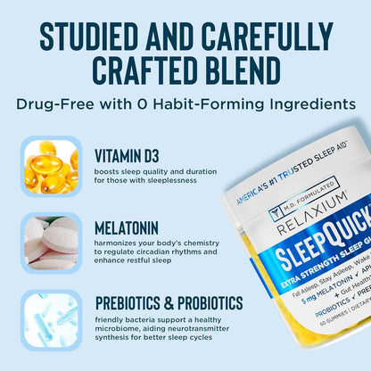 Relaxium SleepQuick Gummies - Sleep Aid + Gut Health & Immune Support, 5 mg Melatonin, Vitamin D-3 + Prebiotic & Probiotic Blend - PrimeBioHealth - canada supplements