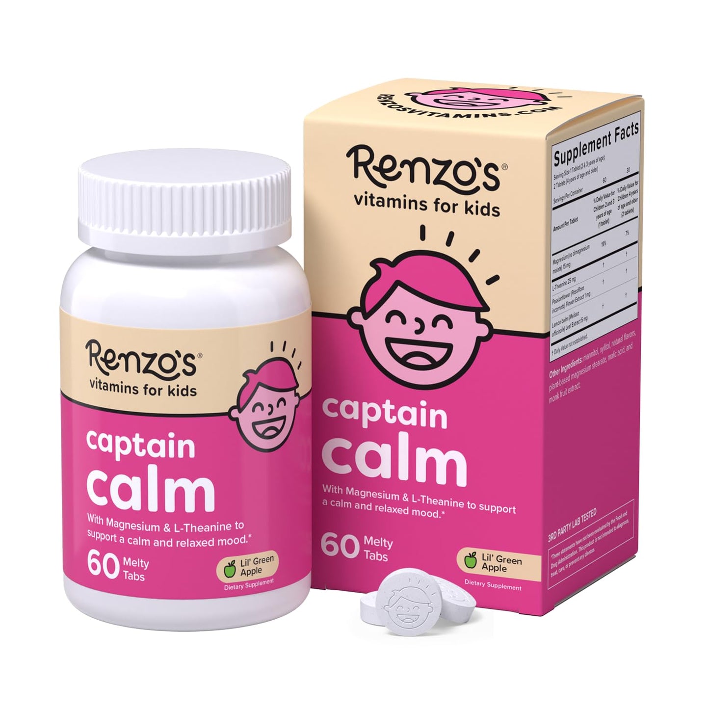 Renzo's Captain Calm Kids Magnesium Supplement with L-Theanine, Dissolvable Kids Vitamins for Relaxation and Mood Support, Sugar-Free Melty Tabs, - PrimeBioHealth - canada supplements