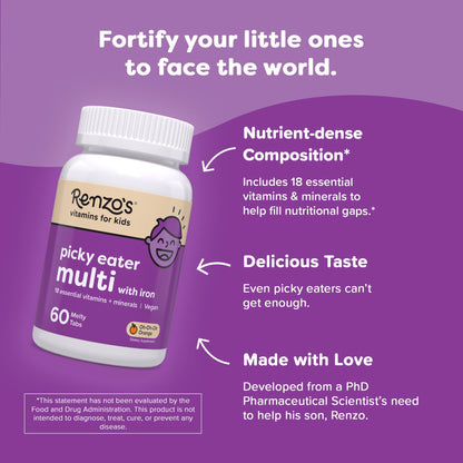 Renzo's Picky Eater Kids Multivitamin with Iron - Dissolvable Kids Vitamins with Iron, Zinc, Vitamin C, Vitamin D, E & K, Sugar-Free Melty Tabs, Orange Flavor - PrimeBioHealth - canada supplements