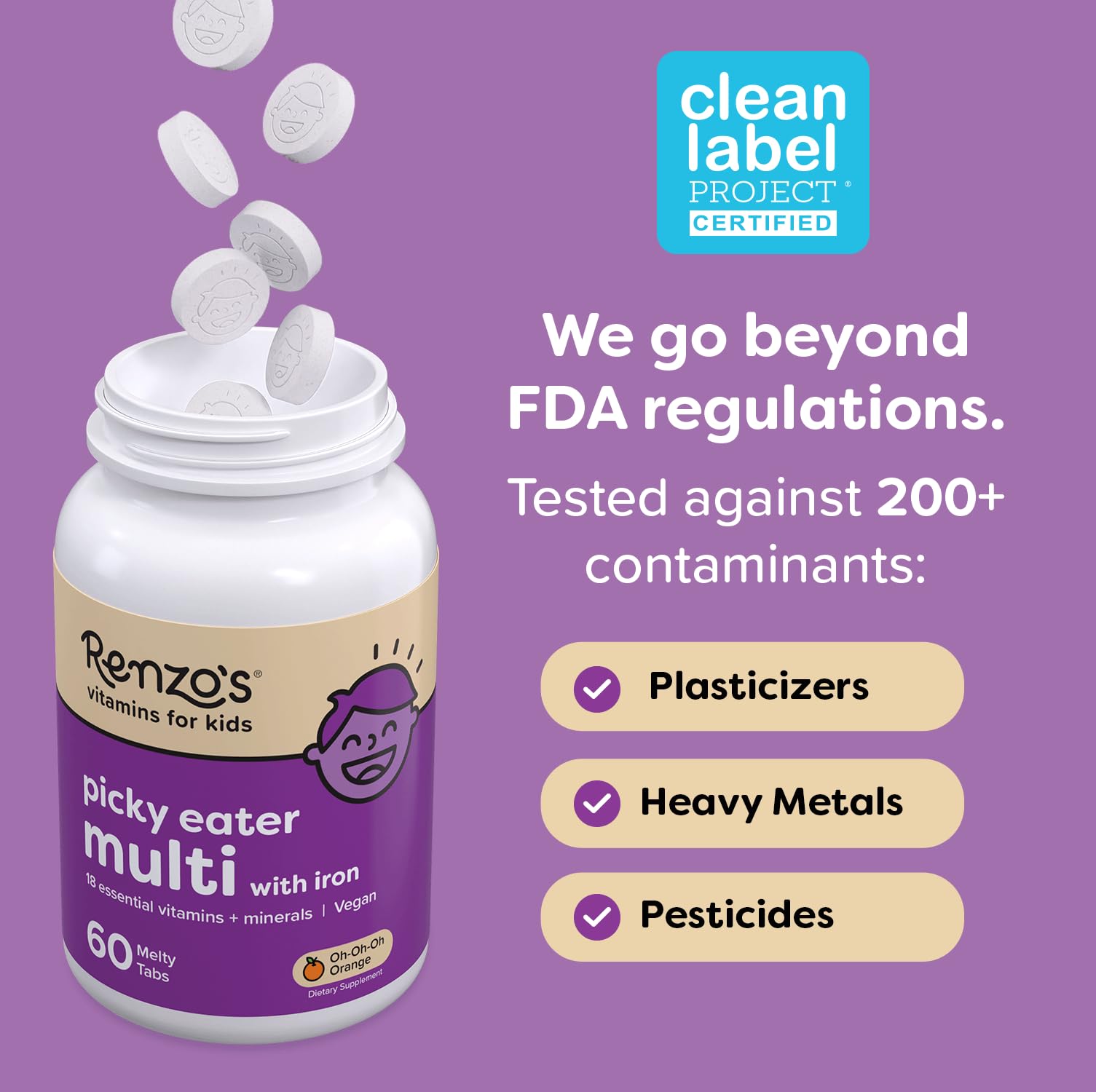 Renzo's Picky Eater Kids Multivitamin with Iron - Dissolvable Kids Vitamins with Iron, Zinc, Vitamin C, Vitamin D, E & K, Sugar-Free Melty Tabs, Orange Flavor - PrimeBioHealth - canada supplements