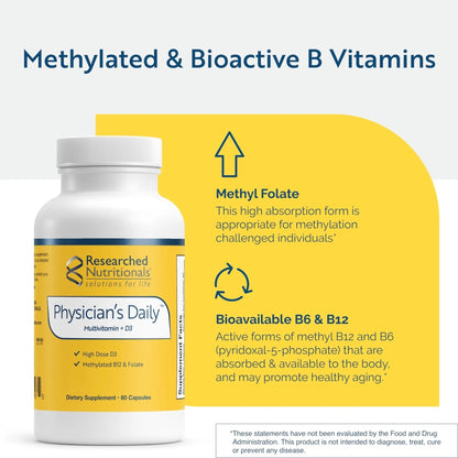 Researched Nutritionals Physician's Daily + D3 Supplement - Daily Multivitamin for Men and Women with Vitamin D3 2000iu - PrimeBioHealth - canada supplements