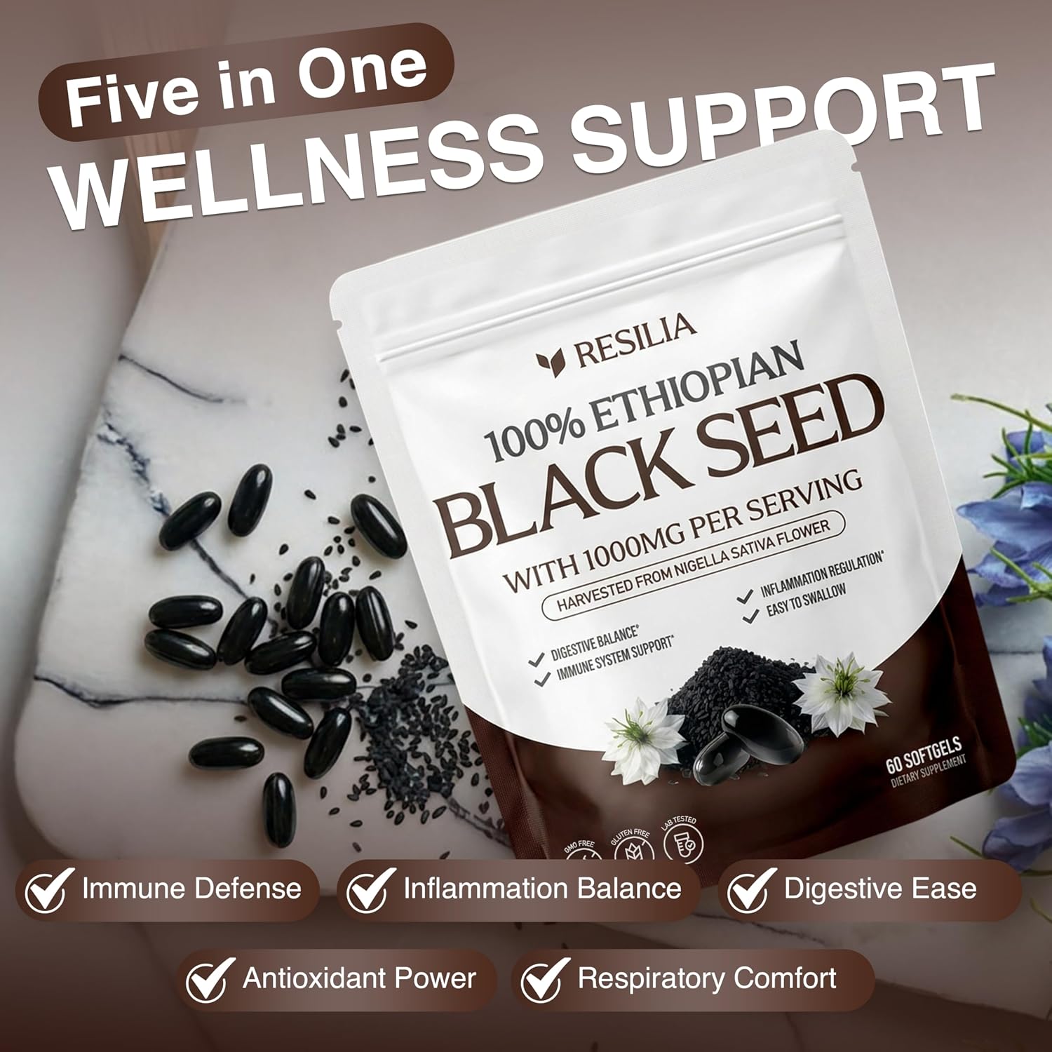Resilia Ethiopian Black Seed Softgels 1000mg Per Serving – Premium Nigella Sativa Seed Oil Supplement – Digestive & Immune Support Formula – Easy to Swallow Soft Capsules 180 Count (Pack 3) - PrimeBioHealth - canada supplements