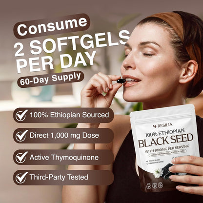Resilia Ethiopian Black Seed Softgels 1000mg Per Serving – Premium Nigella Sativa Seed Oil Supplement – Digestive & Immune Support Formula – Easy to Swallow Soft Capsules 120 Count (Pack 2) - PrimeBioHealth - canada supplements