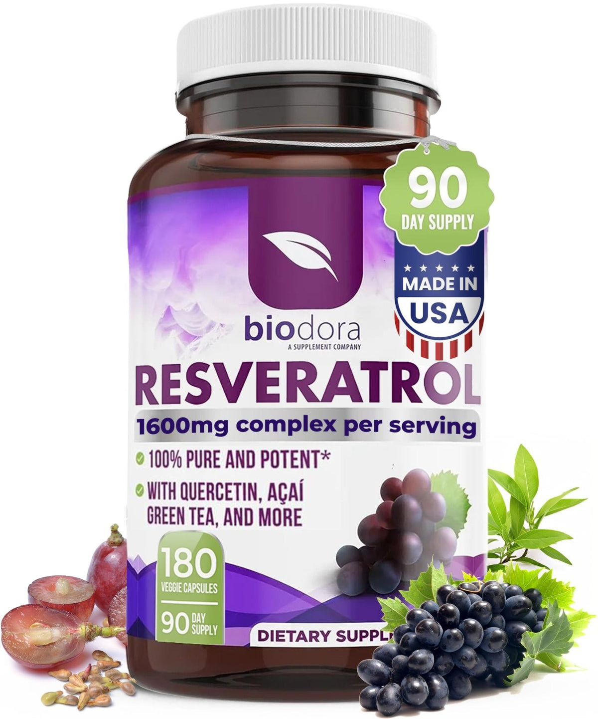 Resveratrol 1600mg - 180 Capsules | Trans-Resveratrol Antioxidant Supplement with Natural Green Tea, Grape Seed Polyphenols & Quercetin, Supports Digestive - PrimeBioHealth - canada supplements