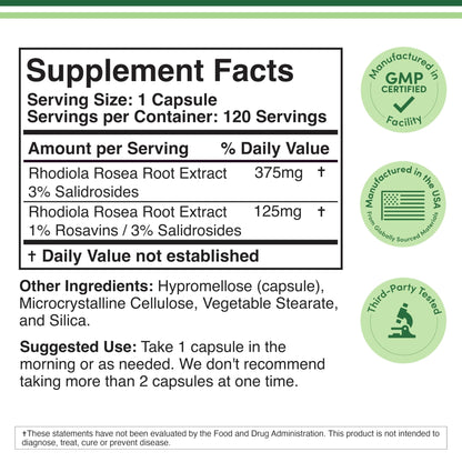 Rhodiola Rosea Supplement 500mg, 120 Vegan Capsules (Third Party Test, Gluten Free, 3% Salidrosides, 1% Rosavins Extract) for Performance, - PrimeBioHealth - canada supplements