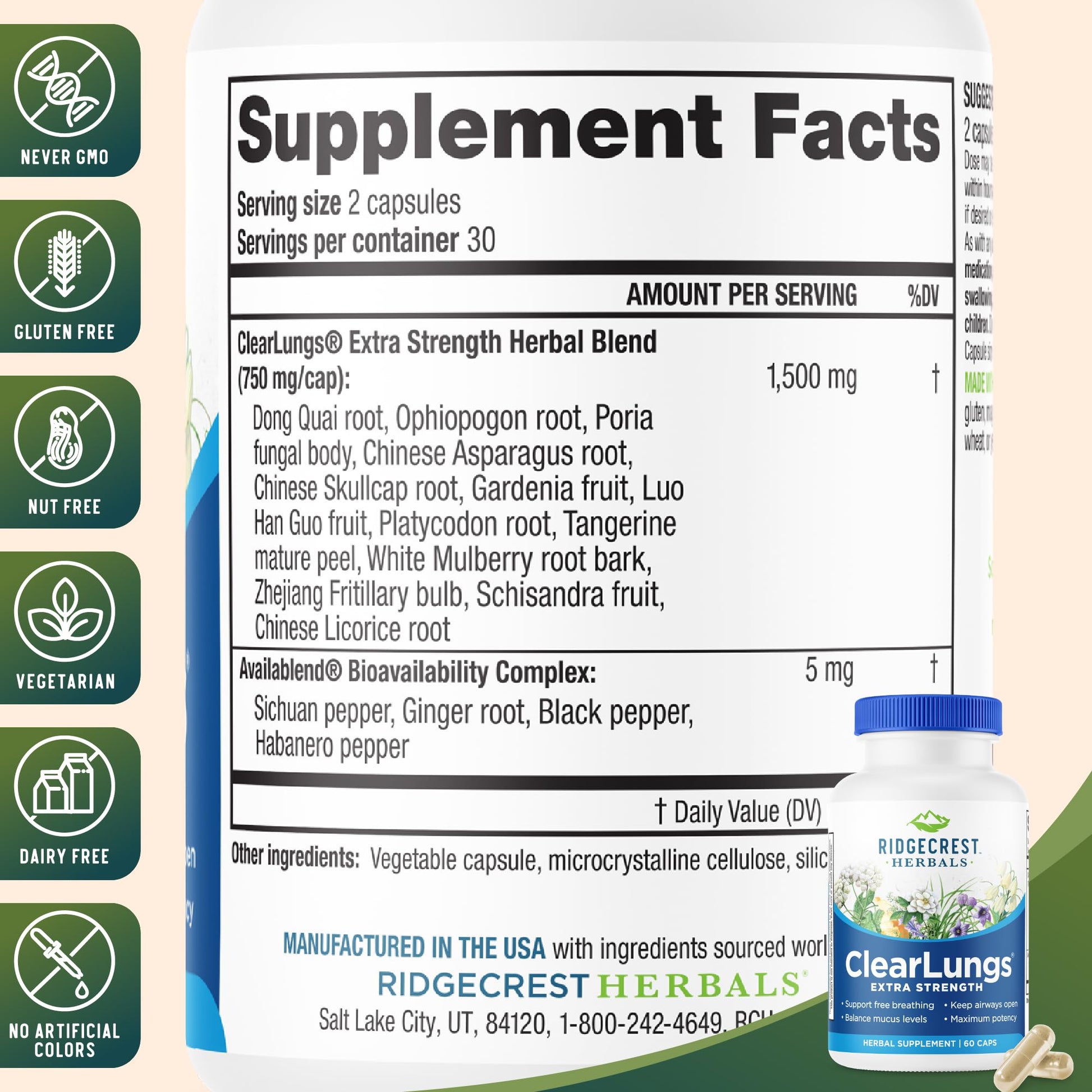 RidgeCrest Herbals ClearLungs Extra Strength, Daily Health Supplement, Natural Lung and Nasal Wellness Formula - PrimeBioHealth - canada supplements