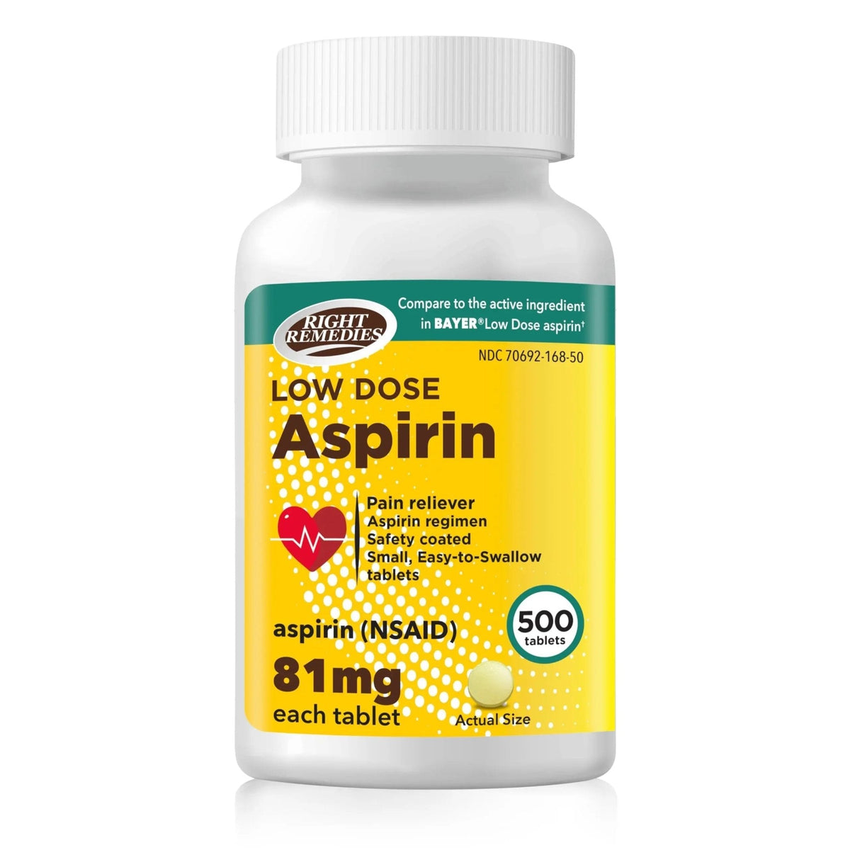 RIGHT REMEDIES Low Dose Aspirin 81mg, Enteric Coated Tablets, NSAID Pain Reliever & Fever Reducer for Adults, Compare to the Active Ingredient in Bayer® Low Dose Aspirin (500ct) - PrimeBioHealth - canada supplements