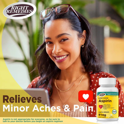RIGHT REMEDIES Low Dose Aspirin 81mg, Enteric Coated Tablets, NSAID Pain Reliever & Fever Reducer for Adults, Compare to the Active Ingredient in Bayer® Low Dose Aspirin (500ct) - PrimeBioHealth - canada supplements