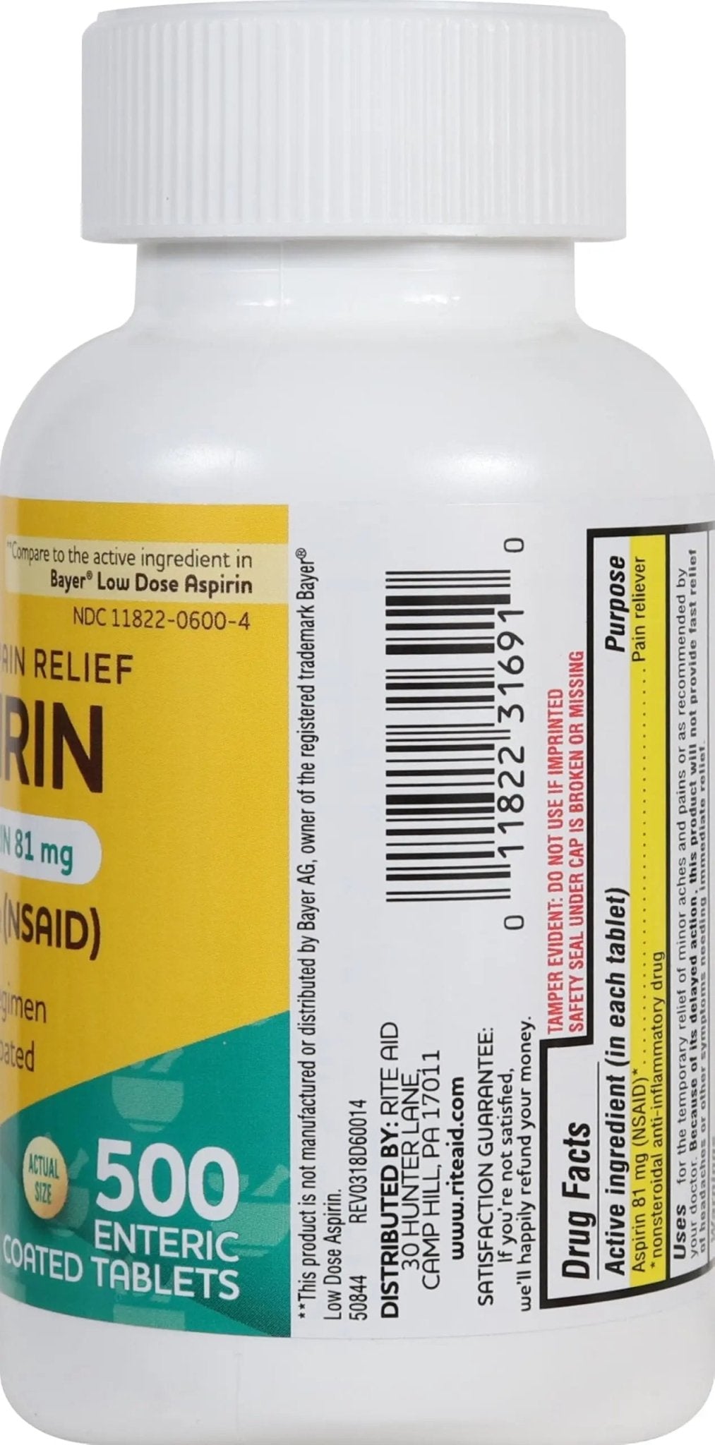 Rite Aid Aspirin Enteric Tablets - 81 mg Aspirin - 500 Count - Low-Dose for Headache Relief - Safety Coated - Aspirin Regimen - Migraine Medicine - Pain Relief - PrimeBioHealth - canada supplements