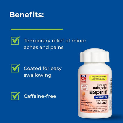 Rite Aid Aspirin Enteric Tablets - 81 mg Aspirin - 500 Count - Low-Dose for Headache Relief - Safety Coated - Aspirin Regimen - Migraine Medicine - Pain Relief - PrimeBioHealth - canada supplements