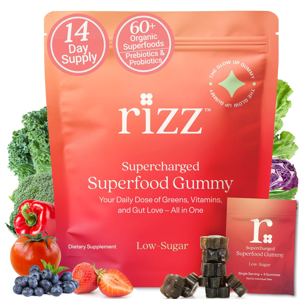 Rizz Low Sugar Green Gummies - 60+ Superfoods 6g Fiber - Prebiotic and Probiotic Gummies - Vegan Multivitamins for Women & Men - Gluten Free - Mushroom, - PrimeBioHealth - canada supplements