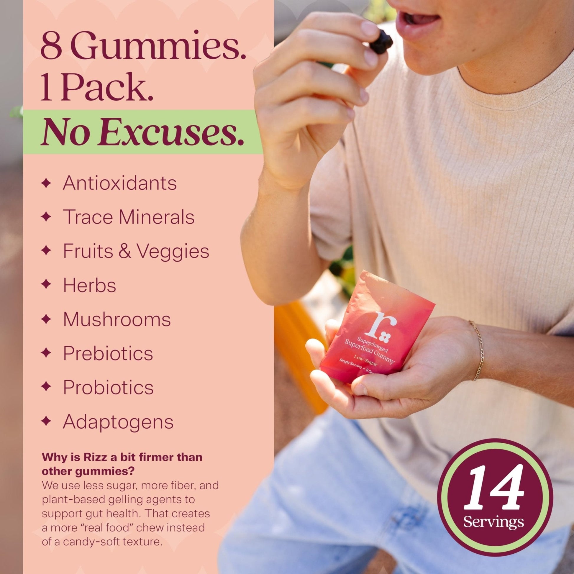 Rizz Low Sugar Green Gummies - 60+ Superfoods 6g Fiber - Prebiotic and Probiotic Gummies - Vegan Multivitamins for Women & Men - Gluten Free - Mushroom, - PrimeBioHealth - canada supplements