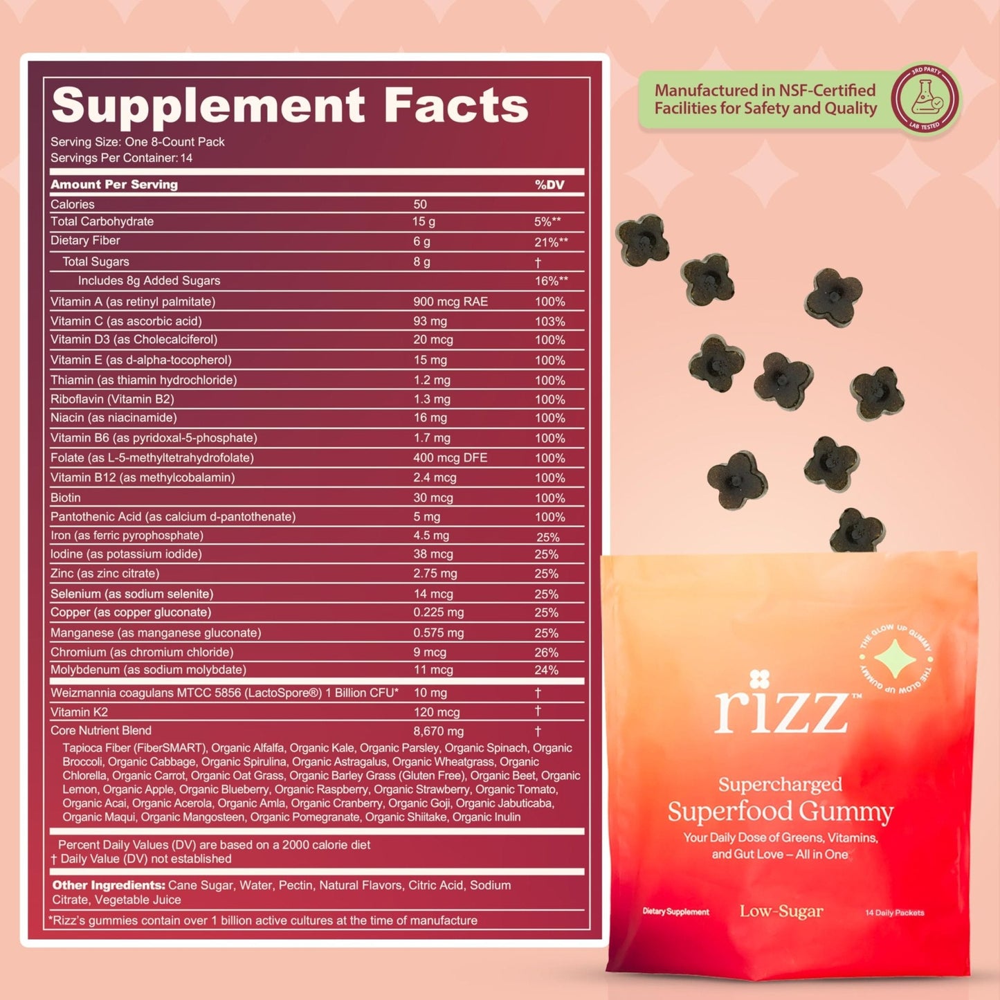 Rizz Low Sugar Green Gummies - 60+ Superfoods 6g Fiber - Prebiotic and Probiotic Gummies - Vegan Multivitamins for Women & Men - Gluten Free - Mushroom, - PrimeBioHealth - canada supplements