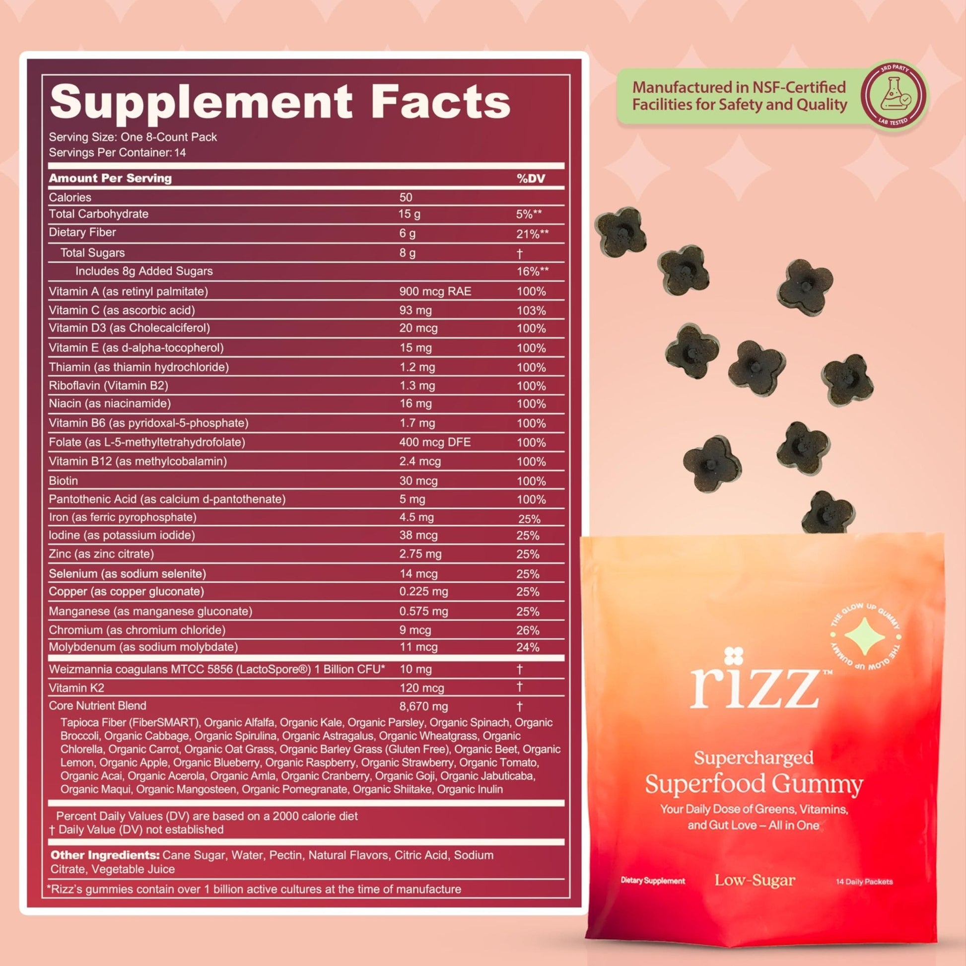 Rizz Low Sugar Green Gummies - 60+ Superfoods 6g Fiber - Prebiotic and Probiotic Gummies - Vegan Multivitamins for Women & Men - Gluten Free - Mushroom, - PrimeBioHealth - canada supplements