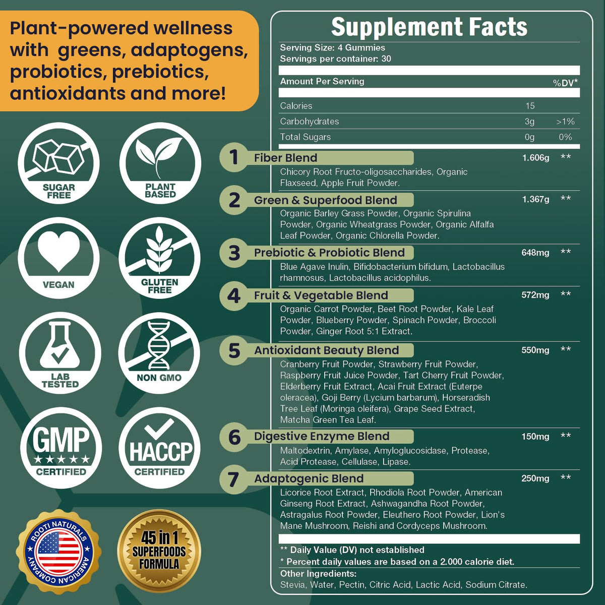 ROOTI Greens + Superfoods Gummies for Adults – 7-in-1 Whole Food Supplement, Spirulina, Lion’s Mane, Probiotics, Fiber & Digestive Enzymes Vegan, Sugar-Free, - PrimeBioHealth - canada supplements