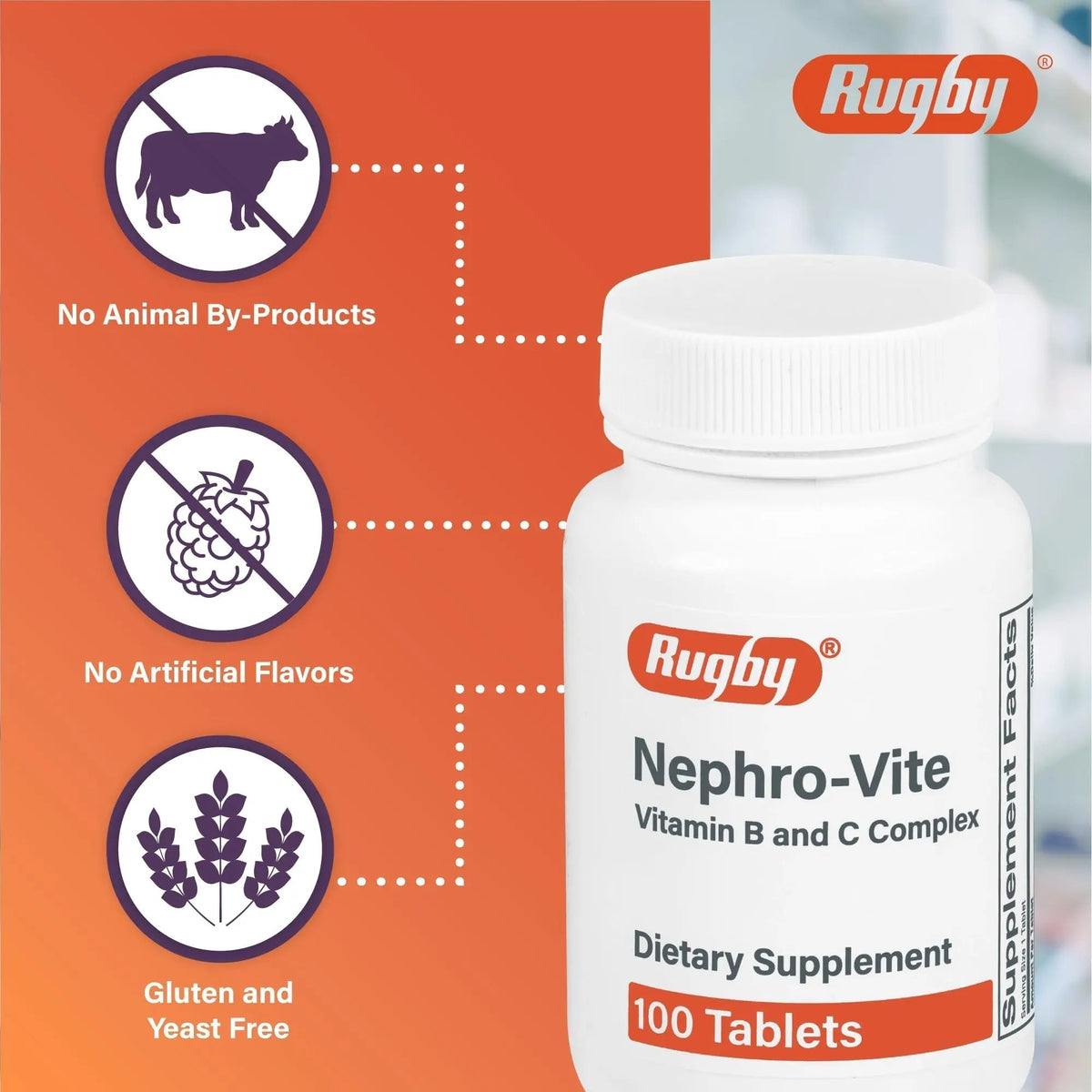 Rugby Nephro-Vite Vitamin B and C Complex Tablets - Dietary Supplement - 100 Count (1 Pack) - PrimeBioHealth - canada supplements
